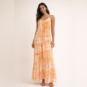 Pineapples Orange Tie Dye Maxi Dress Fairy Beachy Boho Size L Flowy Long